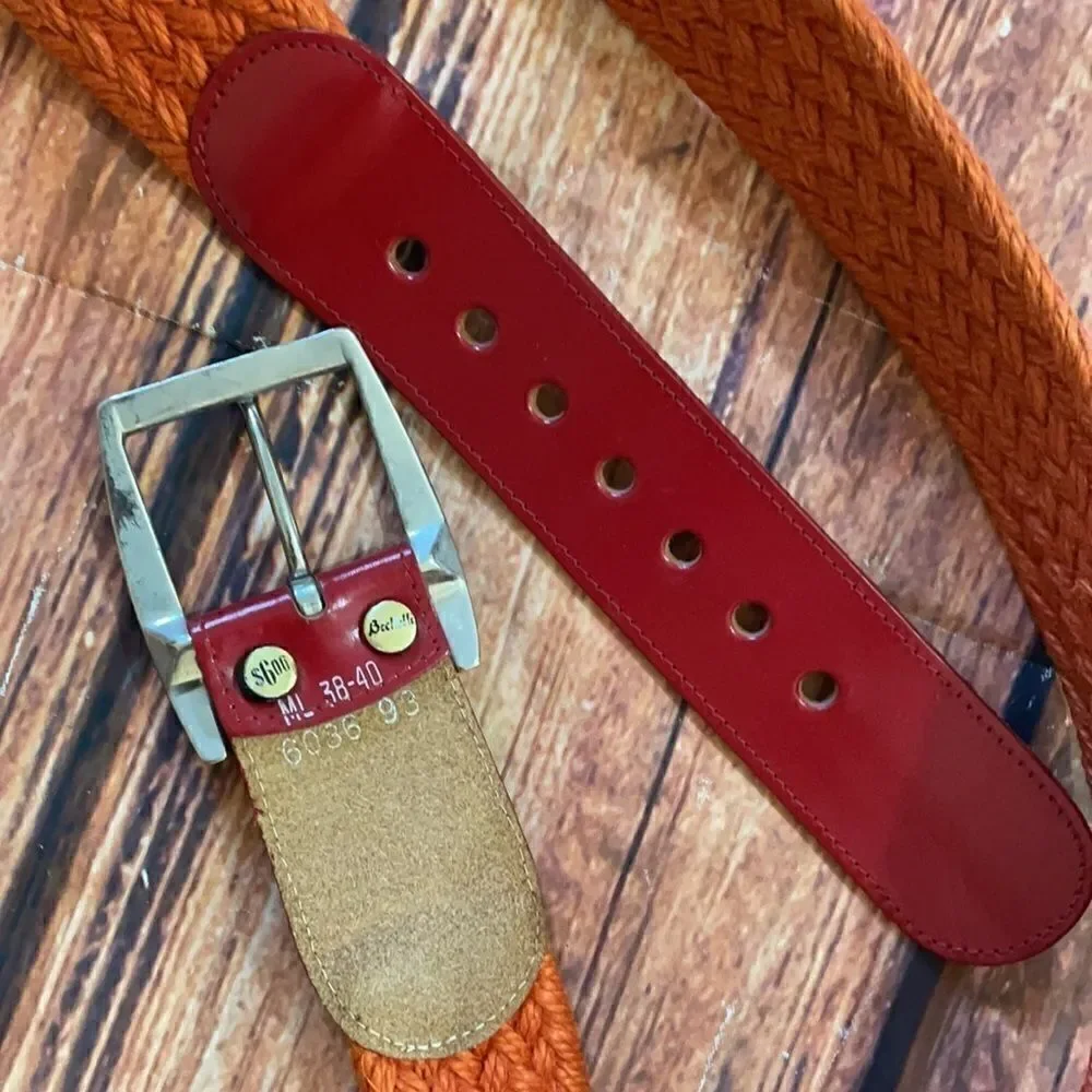 Vintage 1970s Bechelli Orange Leather and Webbing Belt  size large